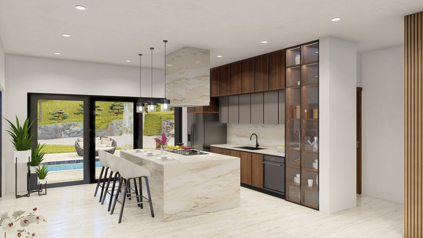 Renderizado 3D Interior de Cocina