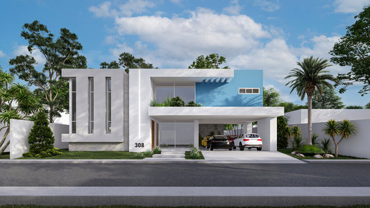 Completo Exterior: Renders de 4 Fachadas + Patio + Planta 3D Amueblada