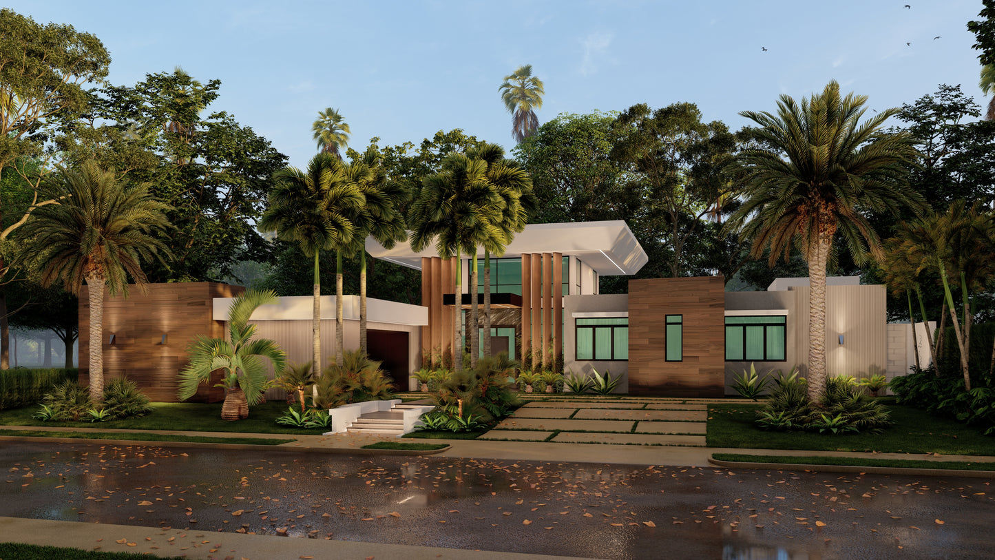 Completo Exterior: Distribución de espacios + Renders de 4 Fachadas + Patio + Dibujo de Planos