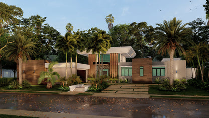 Completo Exterior: Distribución de espacios + Renders de 4 Fachadas + Patio + Dibujo de Planos