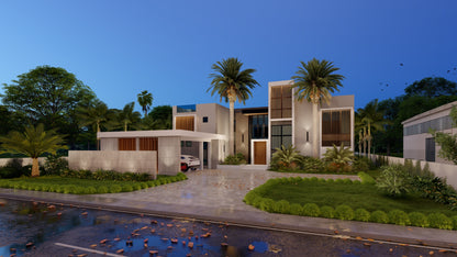 Completo Exterior: Distribución de espacios + Renders de 4 Fachadas + Patio + Dibujo de Planos