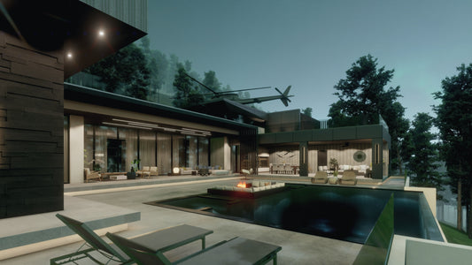 Completo Exterior: Renders de 4 Fachadas + Patio + Dibujo de Planos